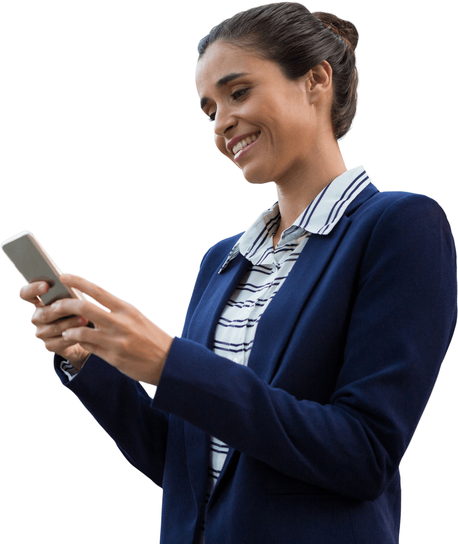 Transparent Smiling Businesswoman Using Mobile Phone