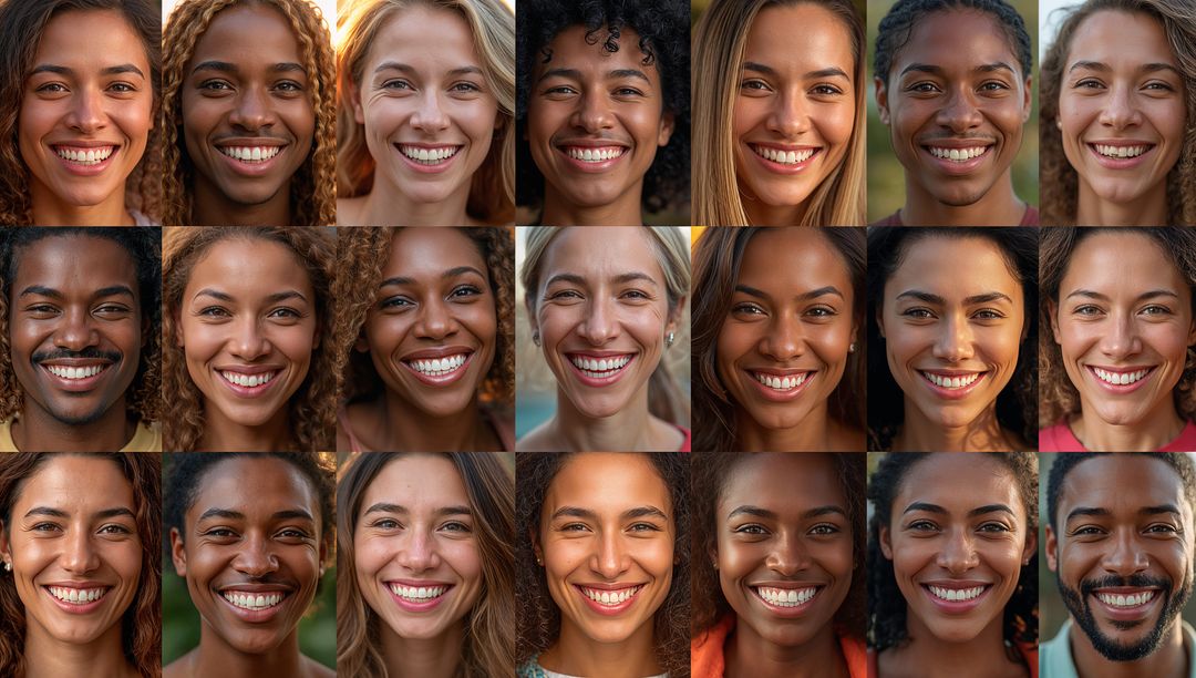 Grid of diverse smiling faces collage, close-up portraits capturing natural joy and warmth