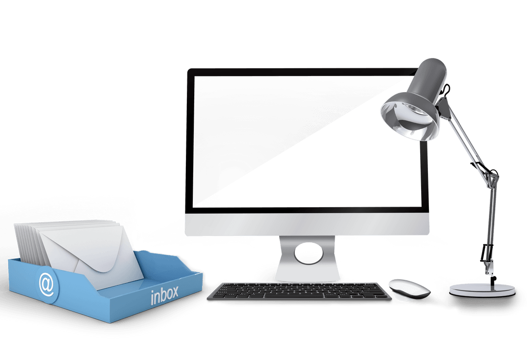 Transparent illustration of desktop computer with emails and lamp