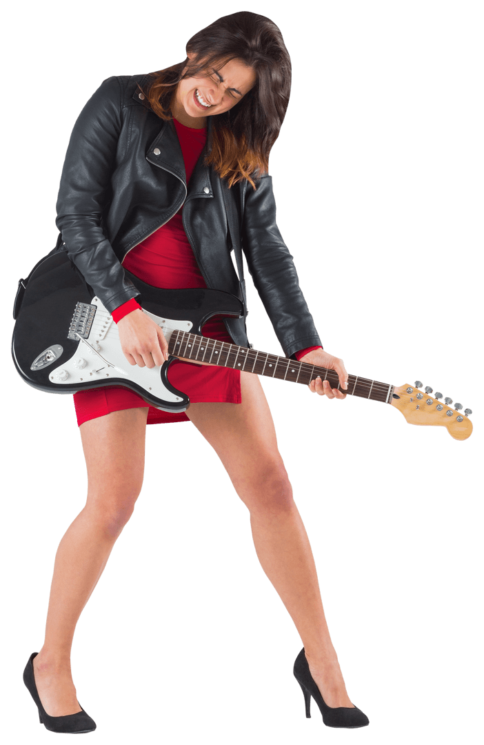 Brunette in Biker Jacket Playing Guitar with Energy Transparent