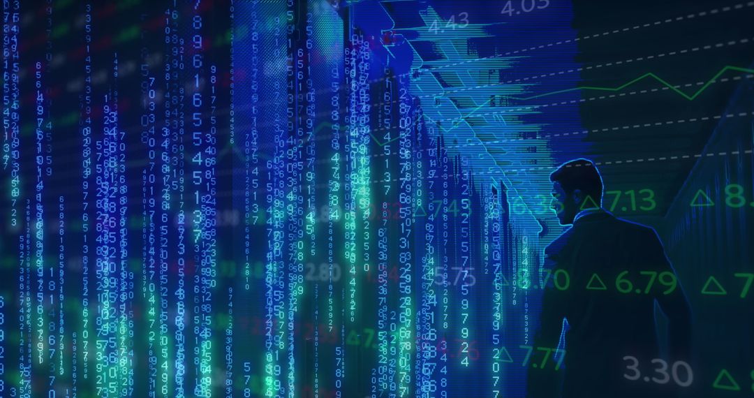 Businessman Analyzing Data with Digital Interface in Server Room