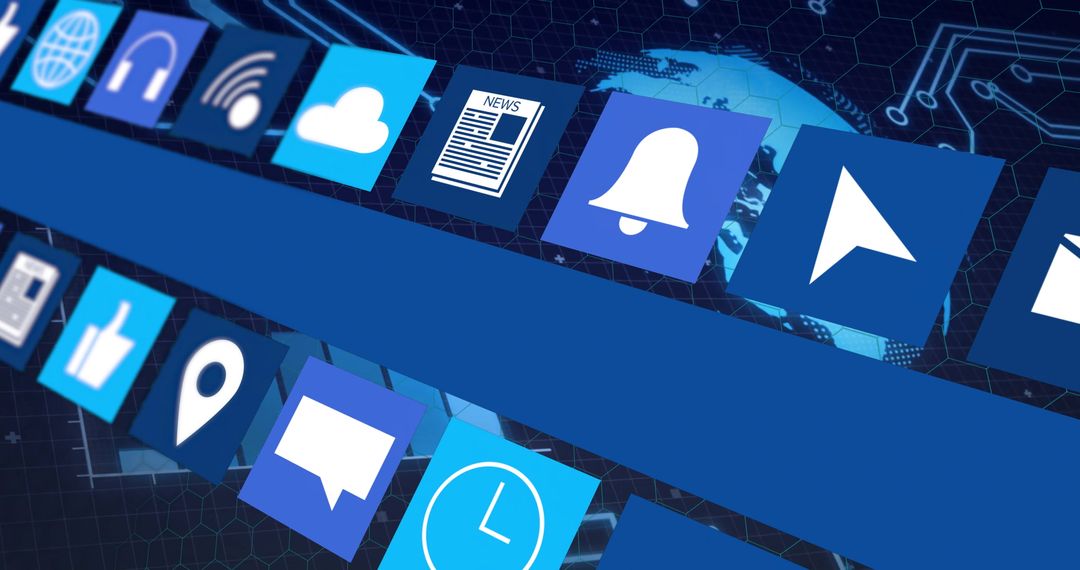 Futuristic Digital Interface Panels Displaying Connectivity Icons