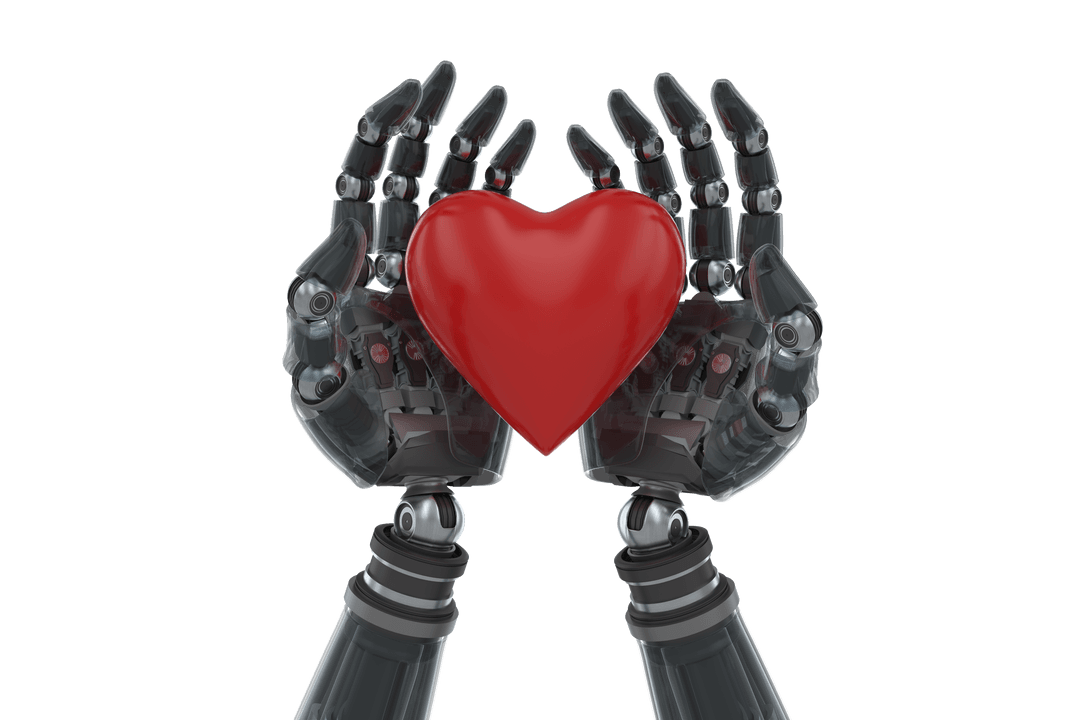 Transparent Cyborg Hands Holding Red Heart Symbol of Love