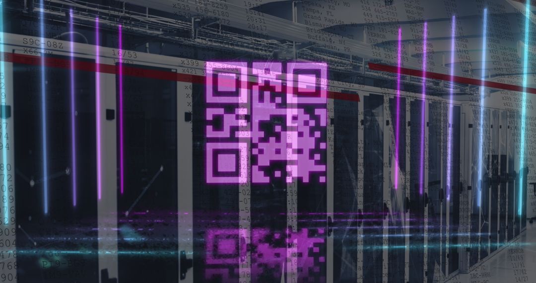 Glowing Pink QR Code Amid Multicolored Lines in Server Room