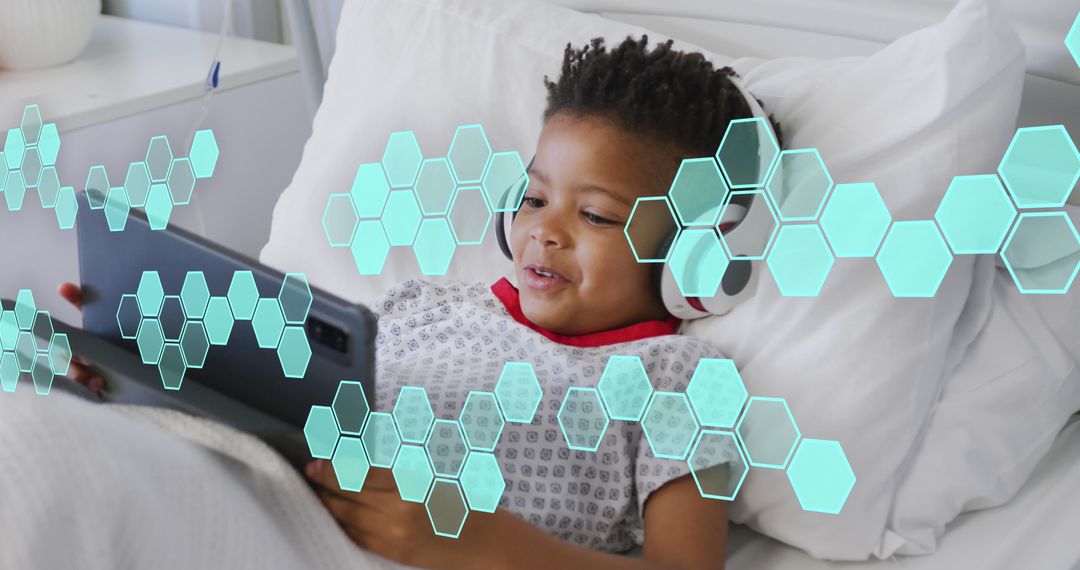 Boy Patient Using Digital Tablet with Medical Interface Overlay