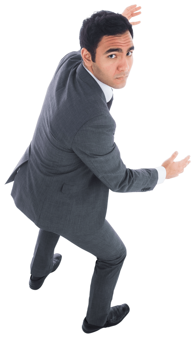 Insecure Businessman Holding Something on Transparent Background