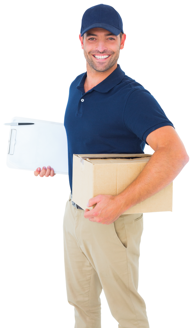 Transparent Cheerful Delivery Man Holding Parcel and Clipboard - Download Free Stock Images Pikwizard.com