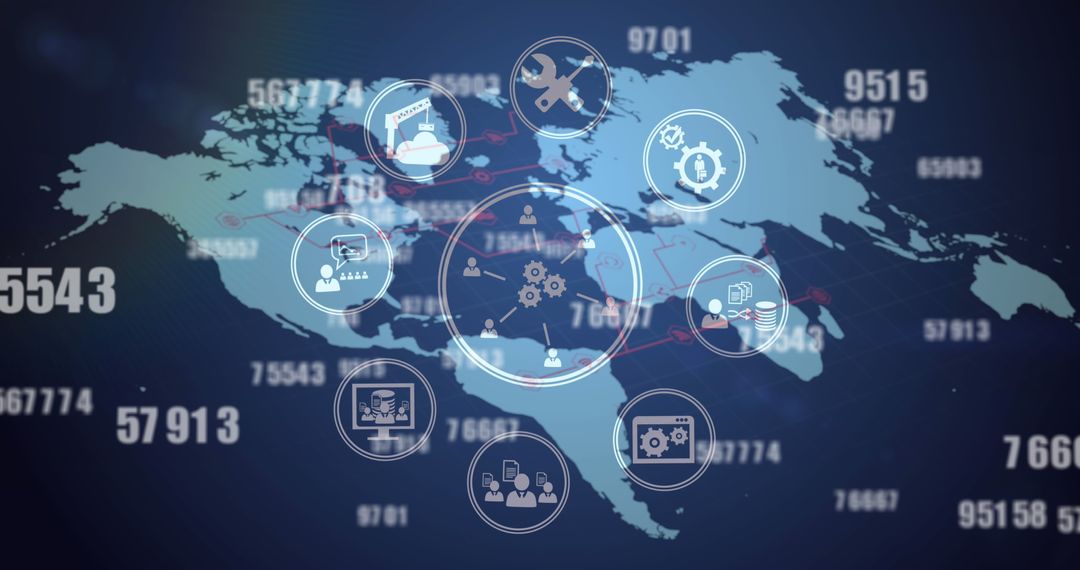 Digital Network Icons Overlaying World Map with Data Stream