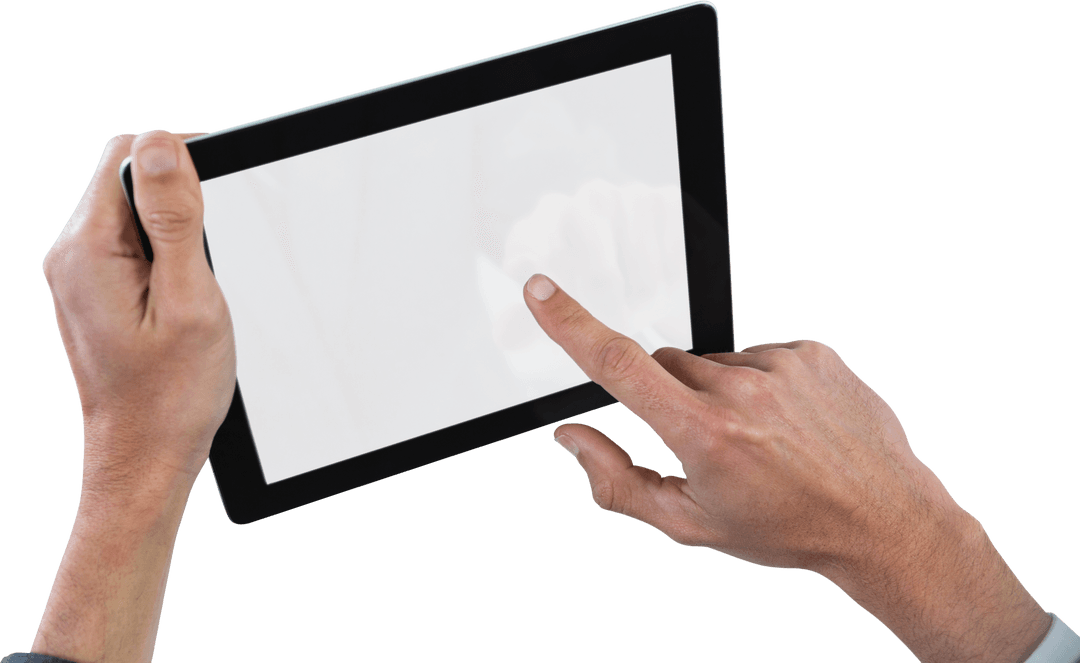 Hands Presenting Digital Tablet with Transparent Screen