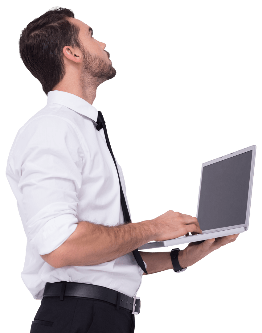 Transparent Businessman Engaged with Laptop in Analytical Pose