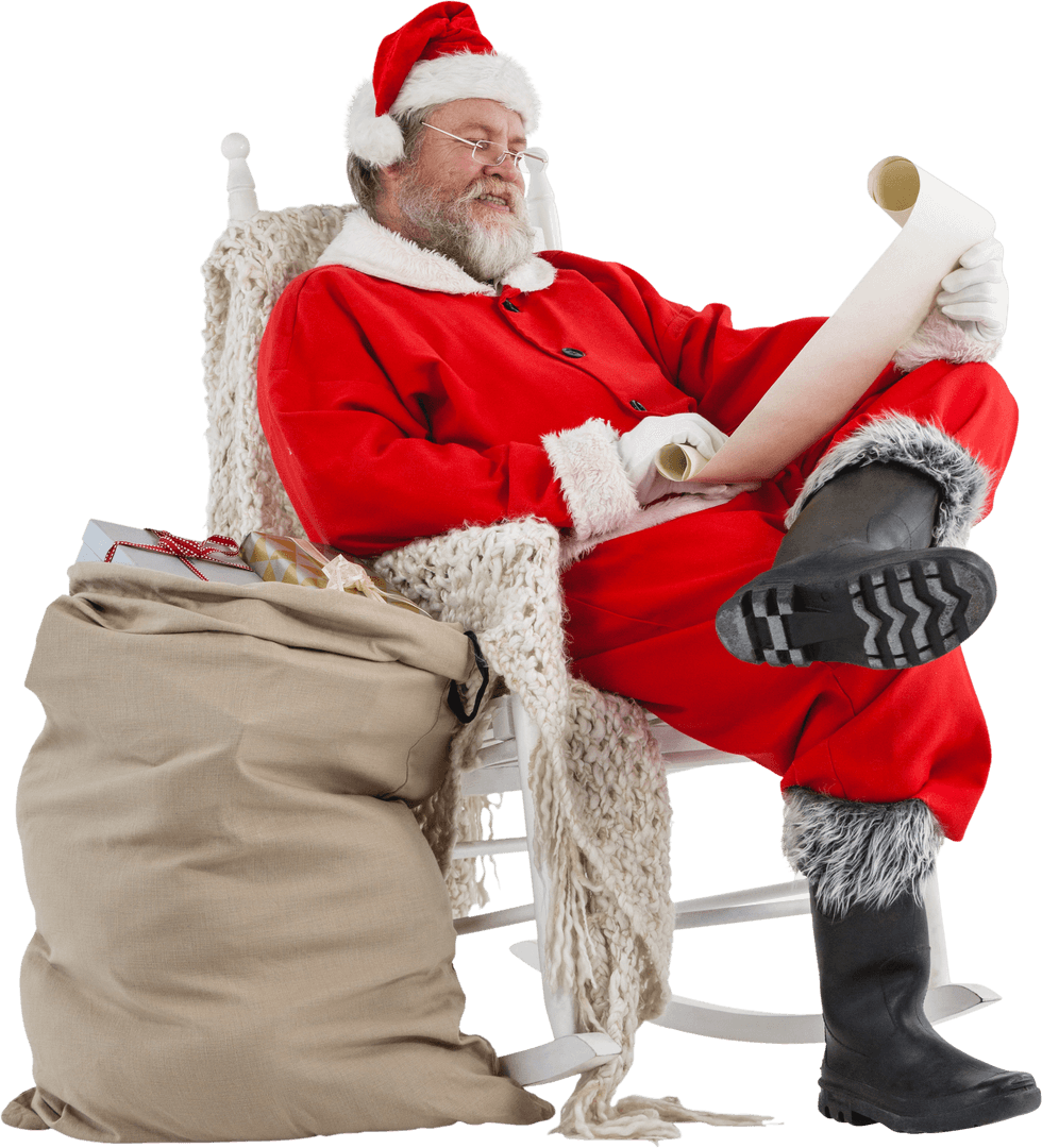 Santa Claus Relaxing in Rocking Chair Checking Christmas List Transparent