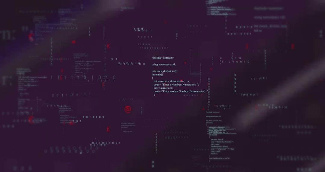 Floating C++ Code Snippet with Binary and Currency Symbols