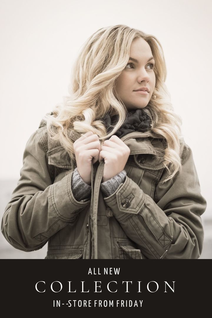 Elegant Woman in Stylish Jacket Promoting Fashion Line