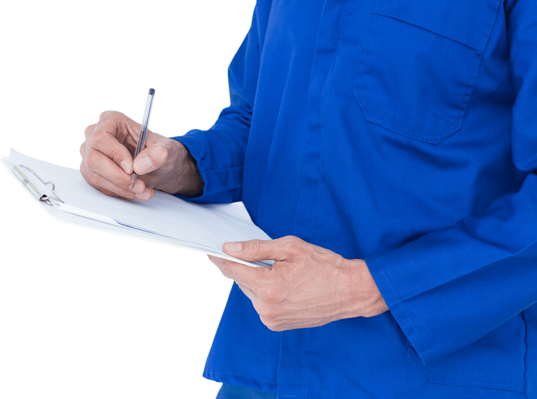 Mechanic Making Transparent Notes on a Clipboard in Blue - Download Free Stock Images Pikwizard.com