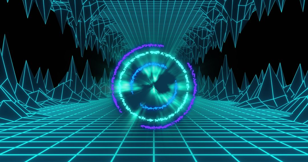 Neon Circle and Digital Waves in Futuristic Grid