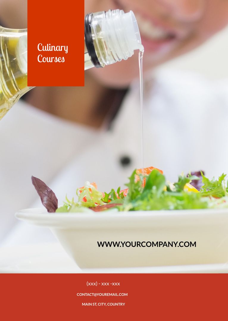 Chef Pouring Oil on Fresh Salad for Culinary Course Promotion