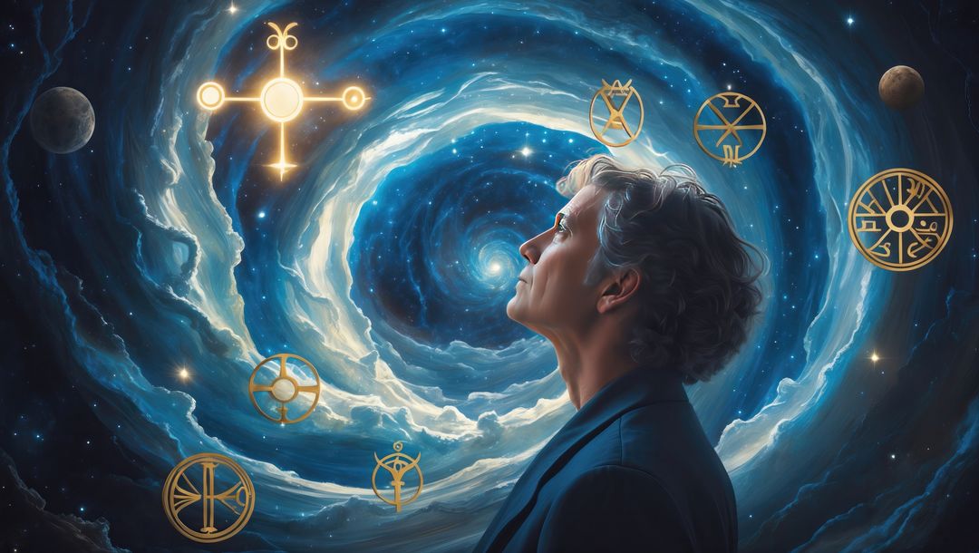 Contemplative astrologist and golden alchemical symbols in cosmic galaxy