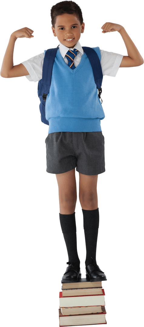 Confident Schoolboy Flexing Muscles Standing on Books Transparent
