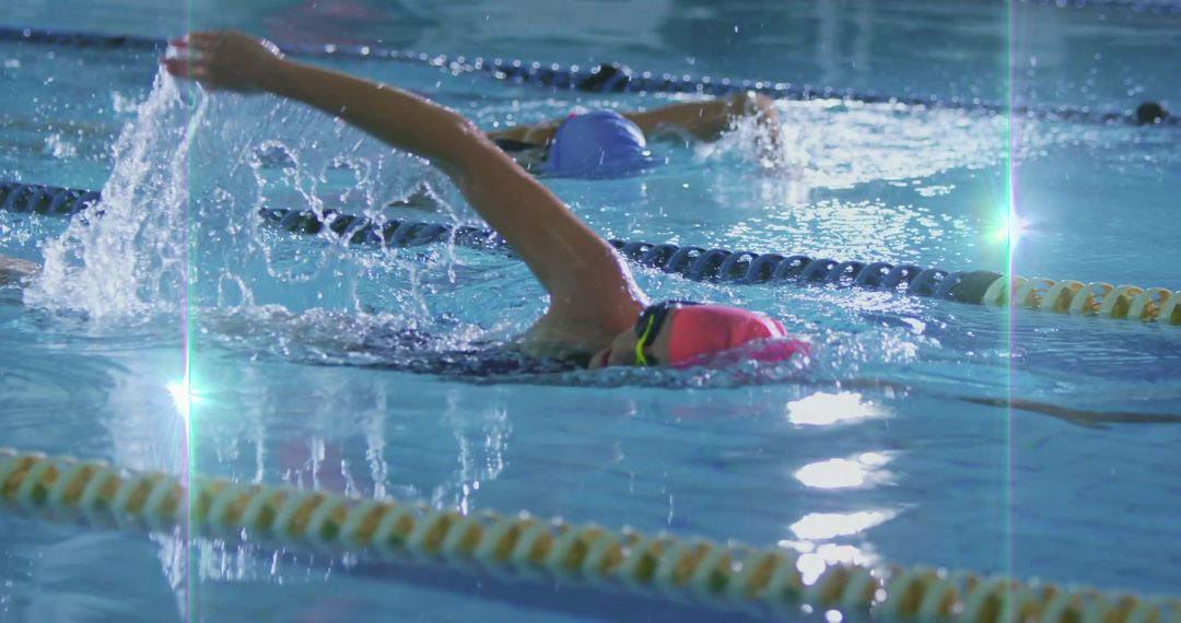 Athletes Competing in a Swimming Pool with Vibrant Water Reflections