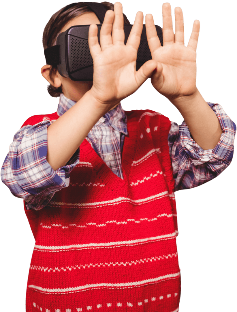 Boy Engaging with Virtual Reality Technology On Transparent Background