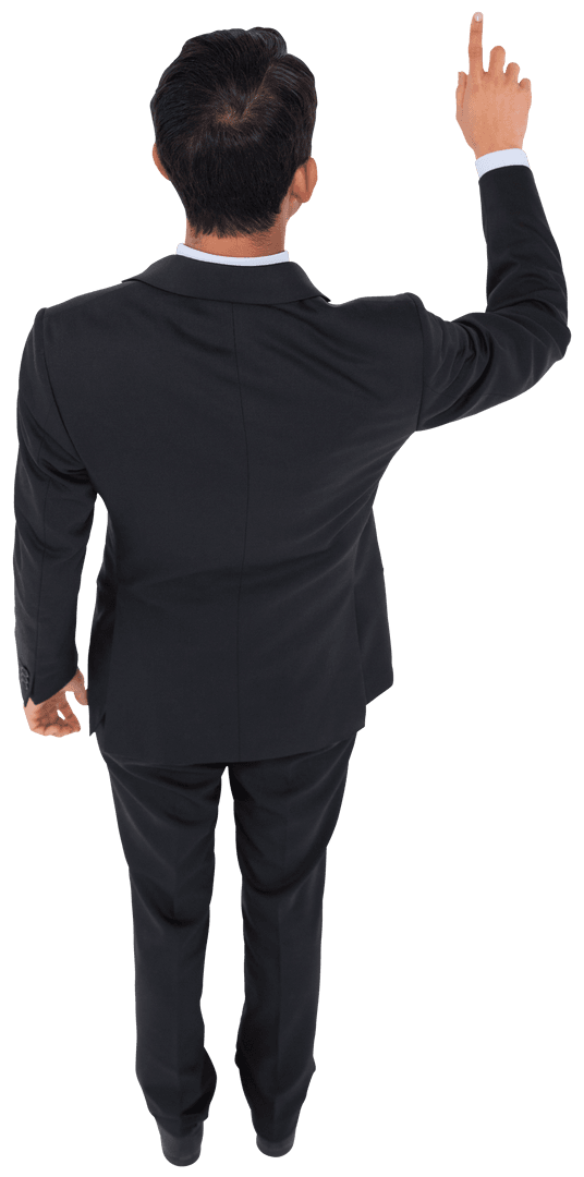 Transparent Asian Businessman Pointing Up in Suit Back View