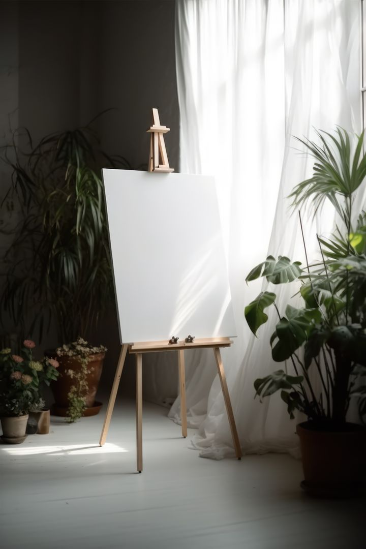 Blank canvas on easel by window in room with plants, created using generative ai technology - Free Images, Stock Photos and Pictures on Pikwizard.com