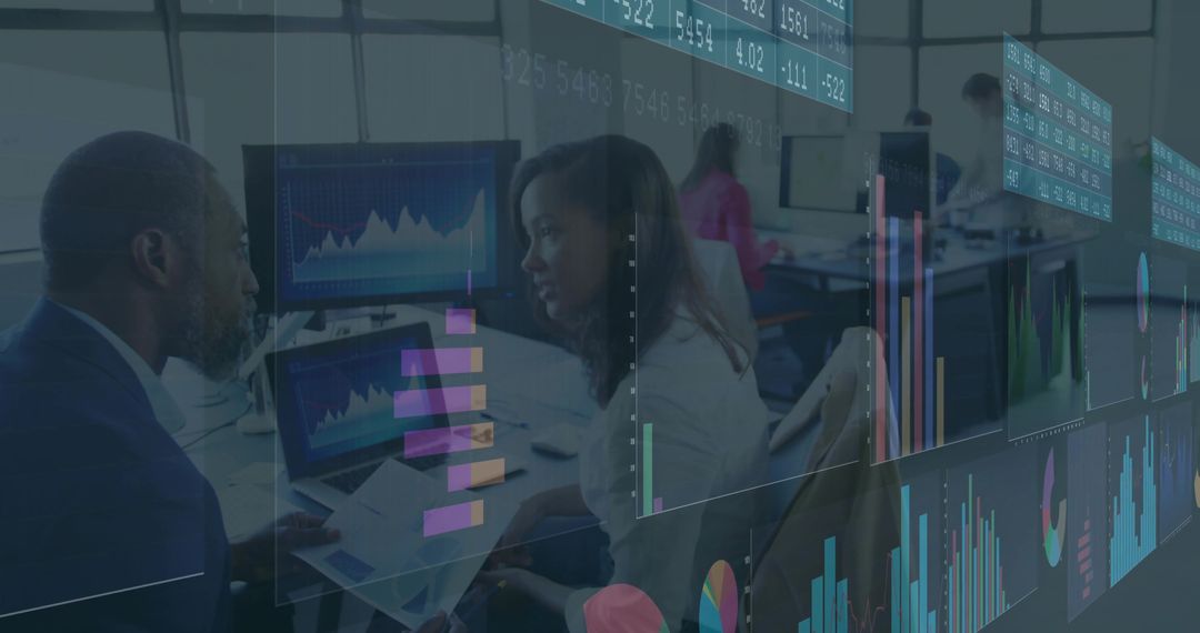 Colleagues Analyzing Statistics with Digital Overlays in Modern Office