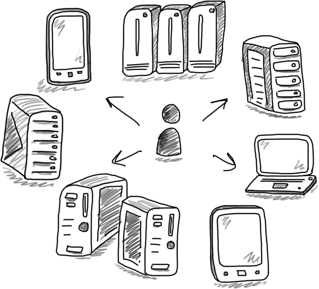 Transparent Tech Devices with User and Arrows Illustration