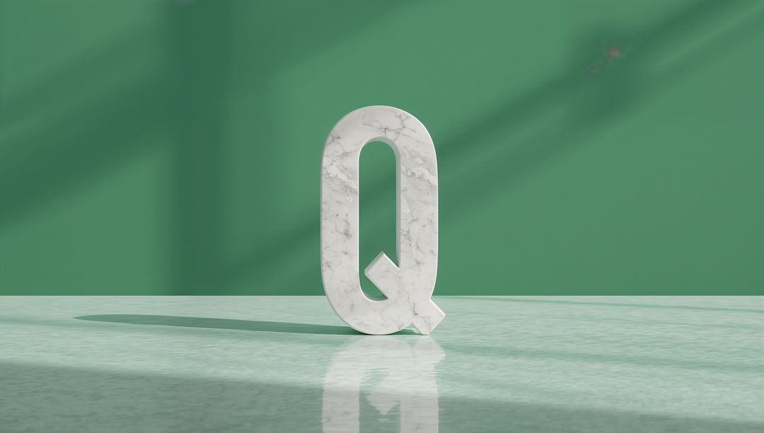 Marble Letter Q on Glossy Green Surface with Shadows