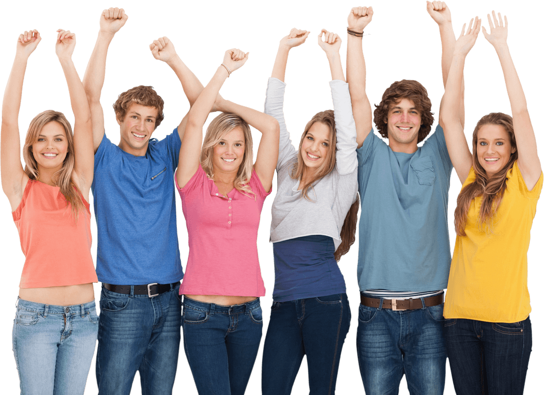 Transparent Group of Friends Smiling with Hands Raised in Celebration