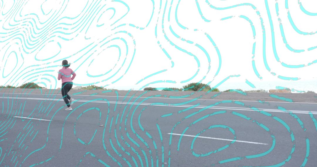 Jogging on Scenic Coastal Road Enhanced with Abstract Design
