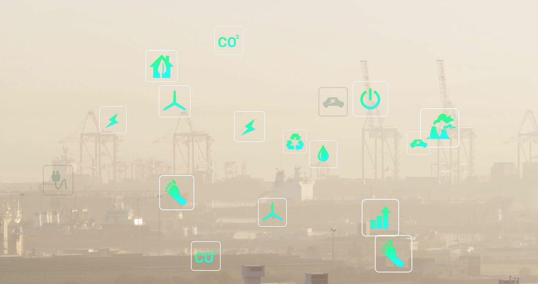 Green Eco Icons Overlaying Cityscape for Sustainable Environments