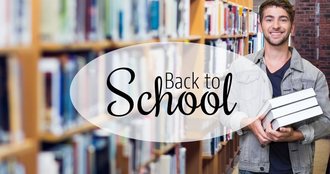 College Student Holding Books Smiling Library Background