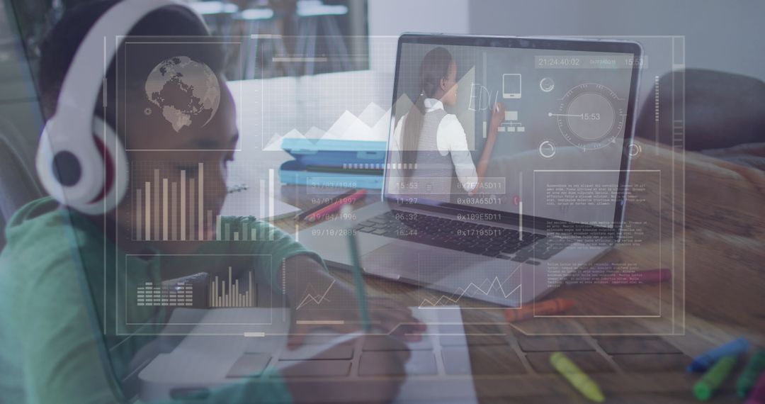 Virtual Learning Experience Boy Studying with Digital Data Overlay