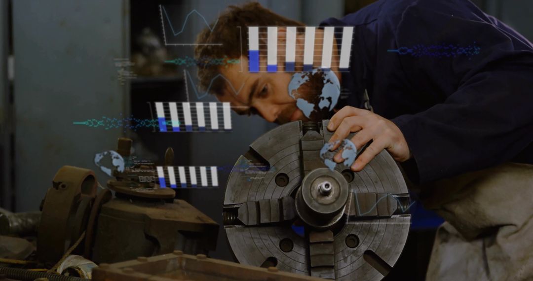 Male Machinist Analyzing Lathe with Augmented Reality Technology in Workshop