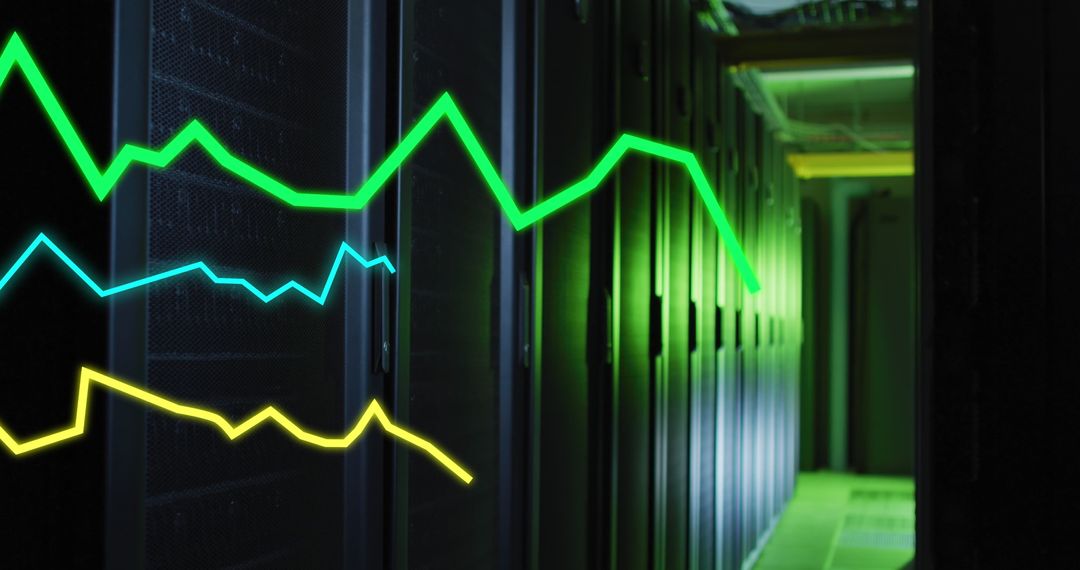 Futuristic Digital Graph Trends Projected on Data Server Room