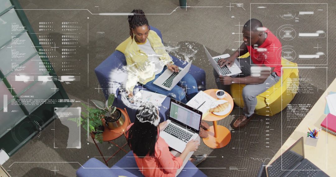 Diverse Team Collaborating with Modern Data Visuals Overlay