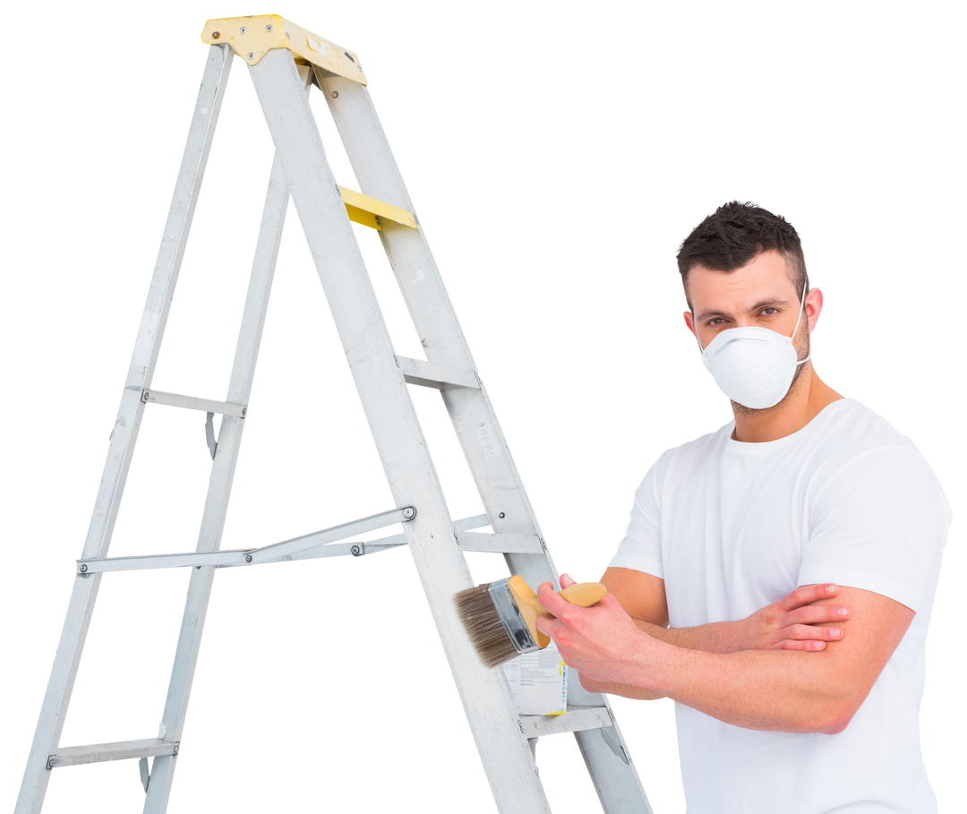 Confident Handyman Holding Paintbrush with Ladder on Transparent Background - Download Free Stock Images Pikwizard.com