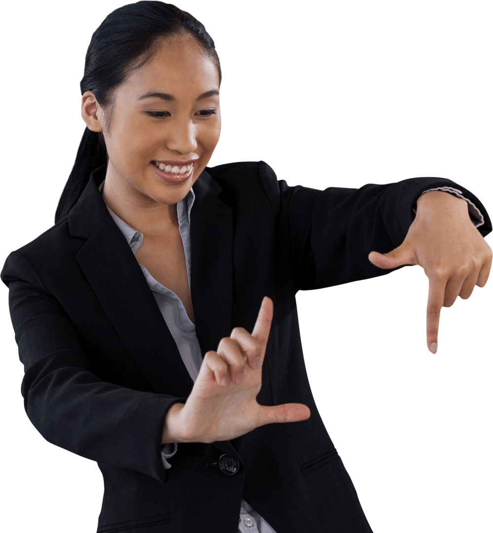 Transparent Businesswoman Creating Finger Frame Gesture