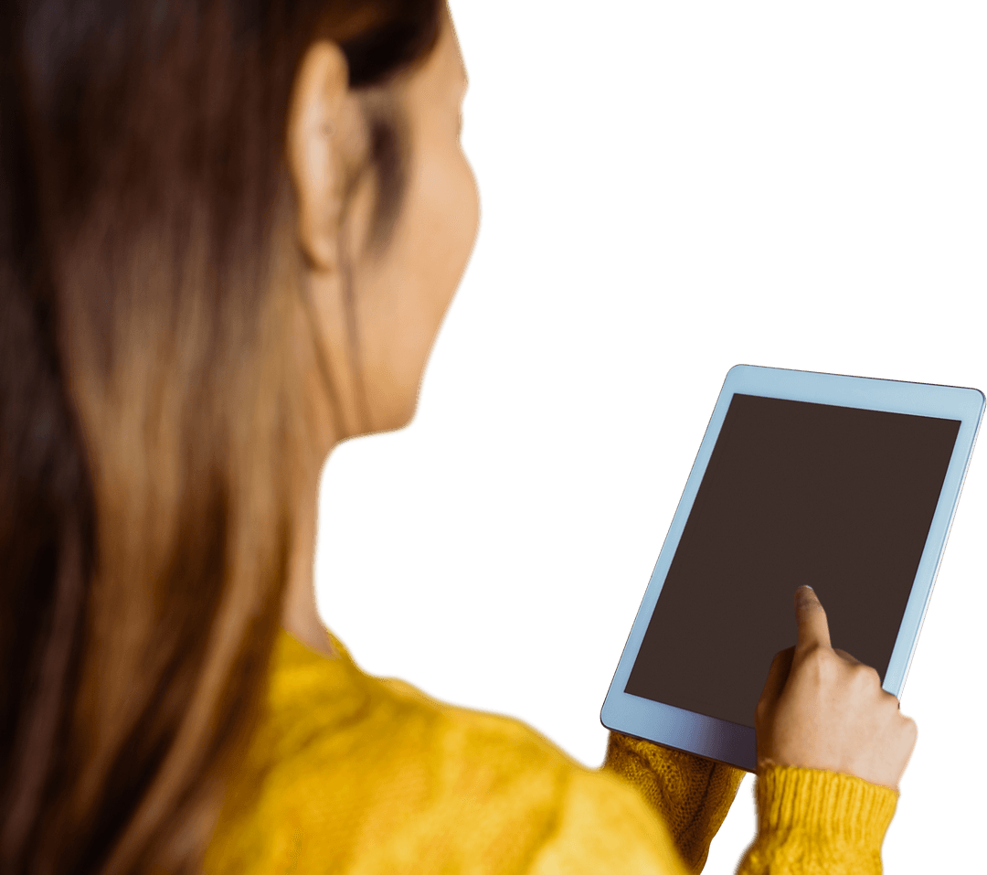 Transparent Background Smiling Asian Woman Using Tablet