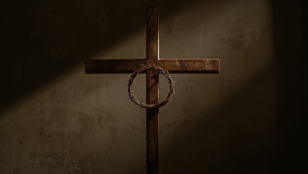 Illuminated Wooden Cross with Crown of Thorns in Sparse Setting