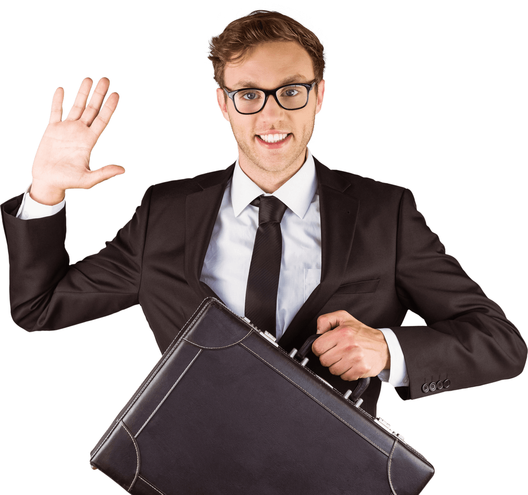 Young Professional Waving with Briefcase Transparent