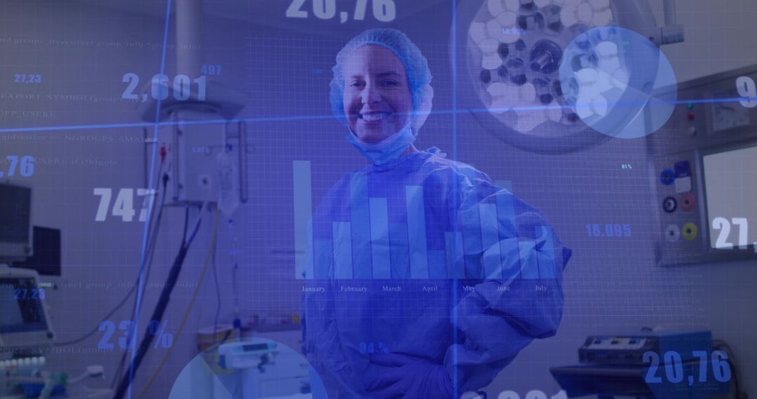Confident Female Surgeon in Operating Room with Digital Technology Overlays