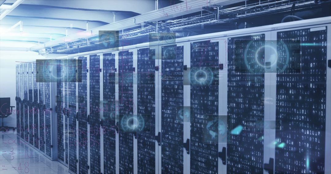 Futuristic Server Room with Digital Interface and Data Visualization