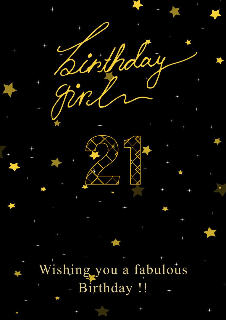 Happy 21st Birthday Design with Stars and Gold Text on Black Background - Download Free Stock Templates Pikwizard.com