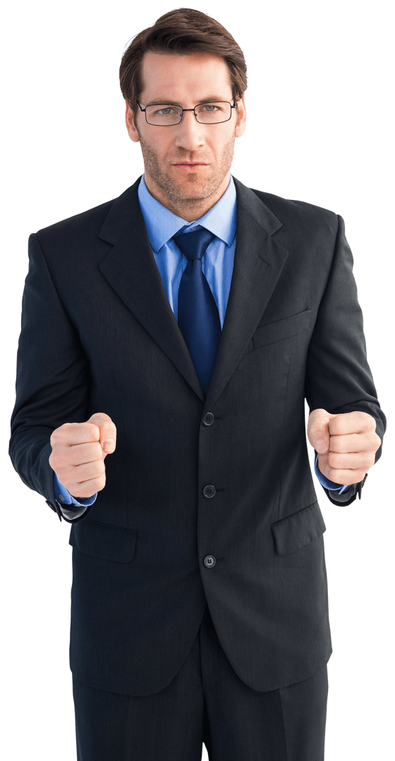 Transparent Background Angry Businessman in Suit Clenching Fists