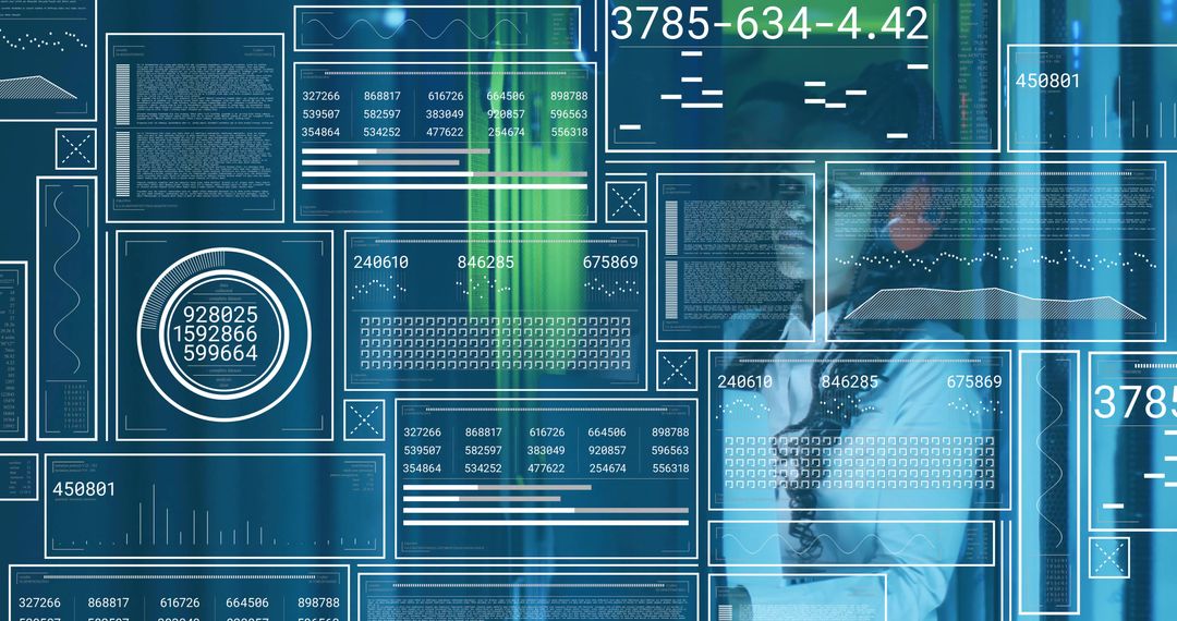 Woman Analyzing Digital Data Panels in Futuristic Office