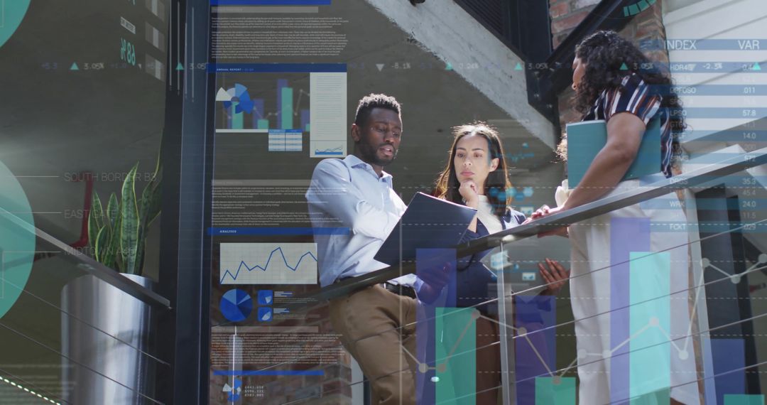 Diverse Team Discussing Business Reports with Infographics Overlay