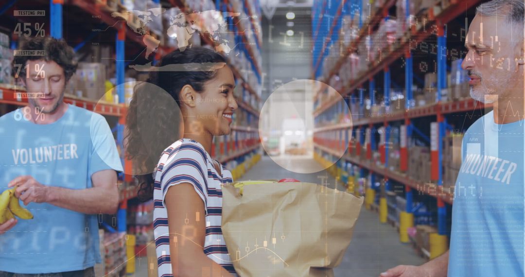 Volunteers Organizing Donations with Statistical Overlay