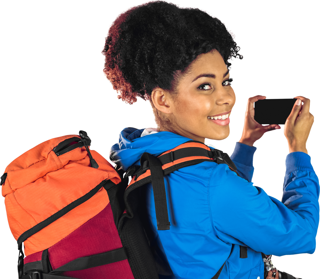 Transparent Young Woman Hiker Holding Smartphone Backpack Ready for Adventure - Download Free Stock Images Pikwizard.com